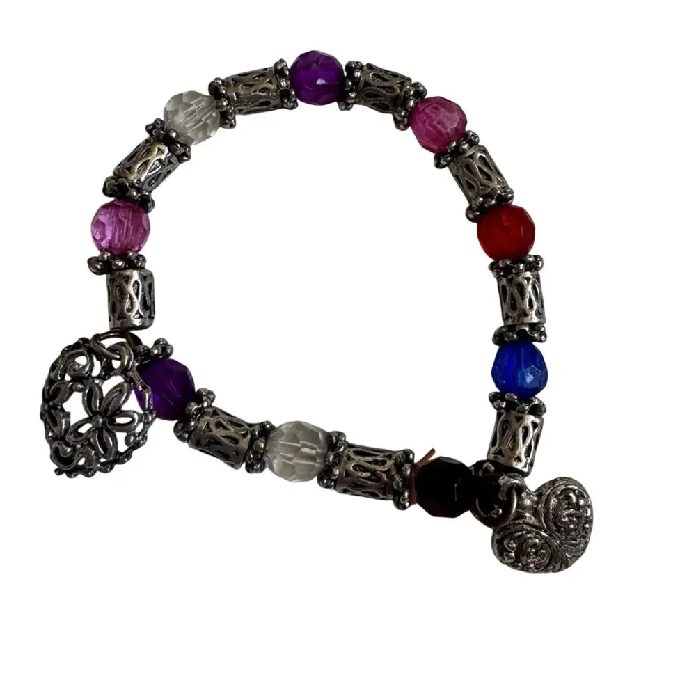Silver Tone Stretch Charm Bracelet Hearts & Colorful Beads Women Jewelry Costume